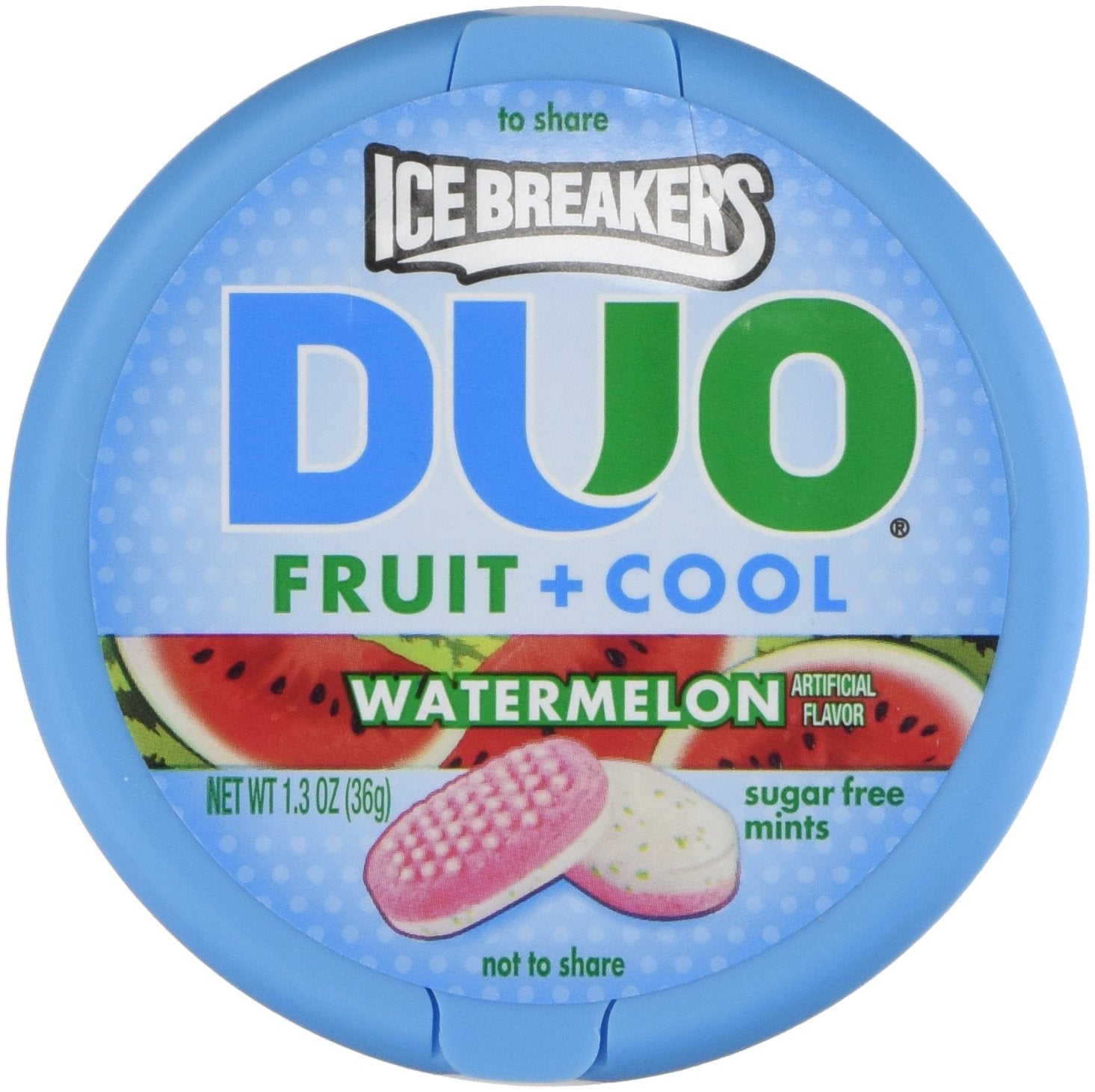 Ice Breakers Duo Fruit + Cool Watermelon Flavor Sugar Free Mints 8-1.3 Oz Tins