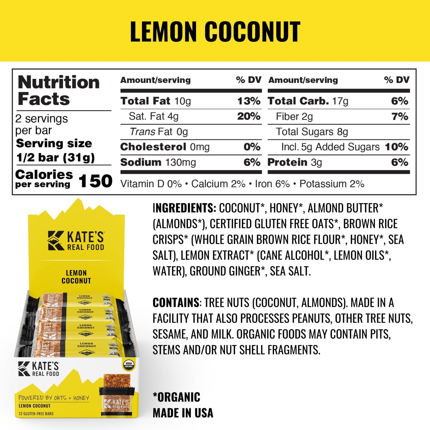 Kates Real Food Organic Granola Bars - Lemon Coconut (2.2 oz Pack of 12) - Organic Energy Bars Made with Gluten Free Oats - Non GMO Soy Free Whole Grains and All Natural - Healthy Snacks