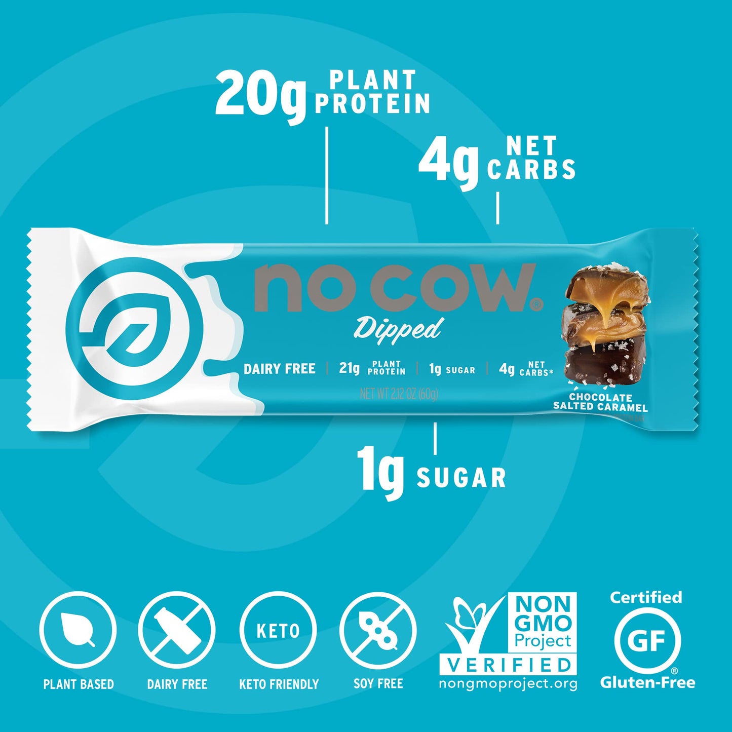 No Cow High Protein Bars, Chocolate Salted Caramel - Healthy Snacks, 20g Vegan Protein, High Fiber, Low Sugar, Keto Friendly, Da
