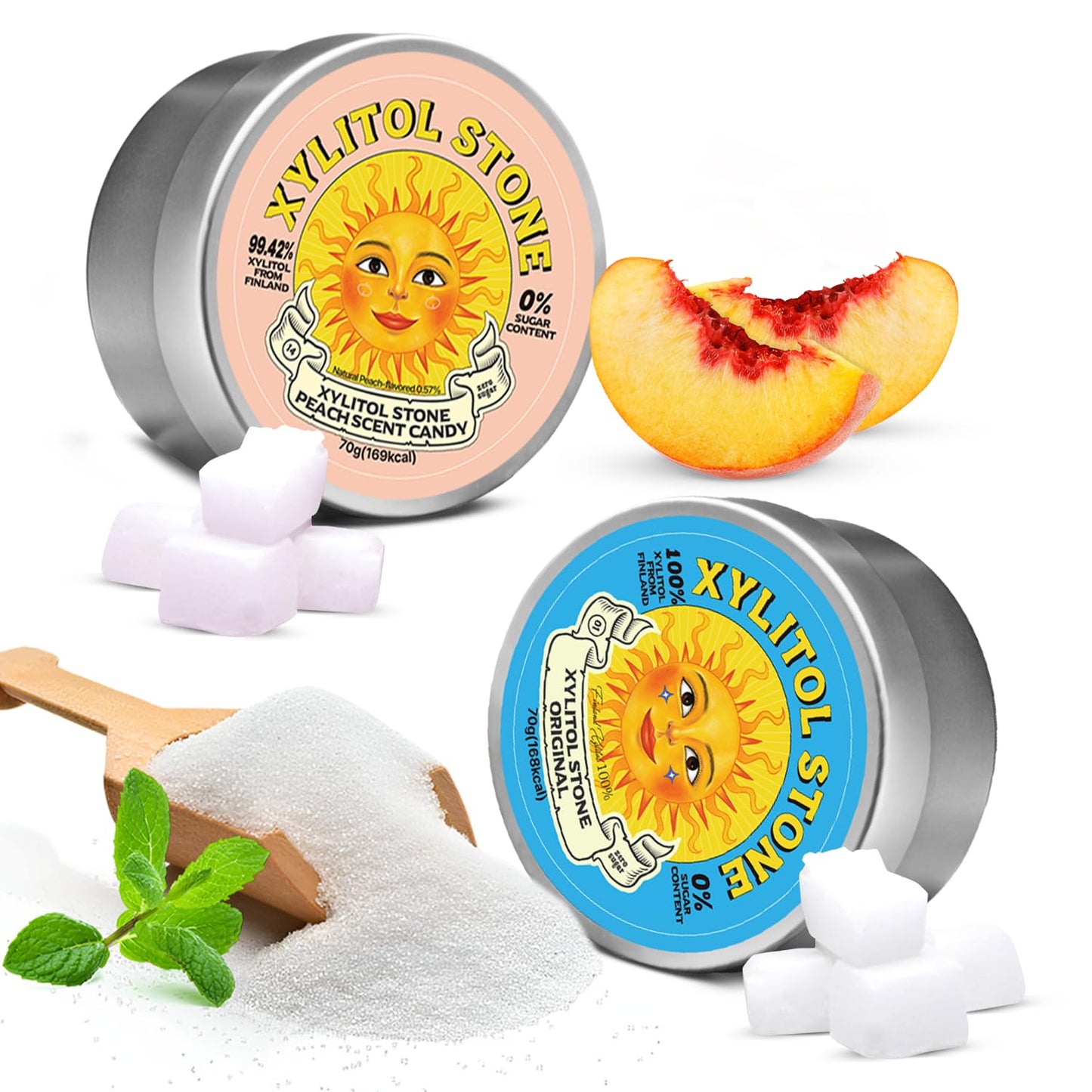 Xylitol Stone Sugar Free Candy - Vegan & Keto Friendly Unique Hard Candy - 100% Natural Flavor Candies - Gluten Free & Non-Gmo Breath Freshener Low Calorie Mints - Pack Of 2 (Oriflavor Blendal Peach)