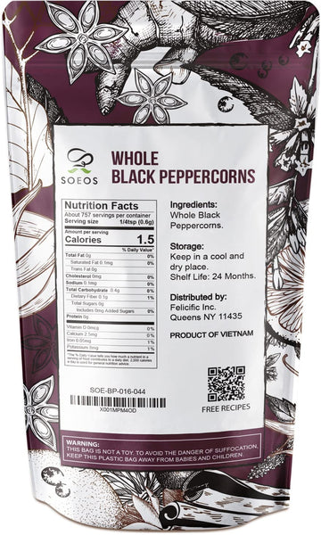 Soeos Whole Black Peppercorns, Non-GMO, Kosher, 16oz (Pack of 1)