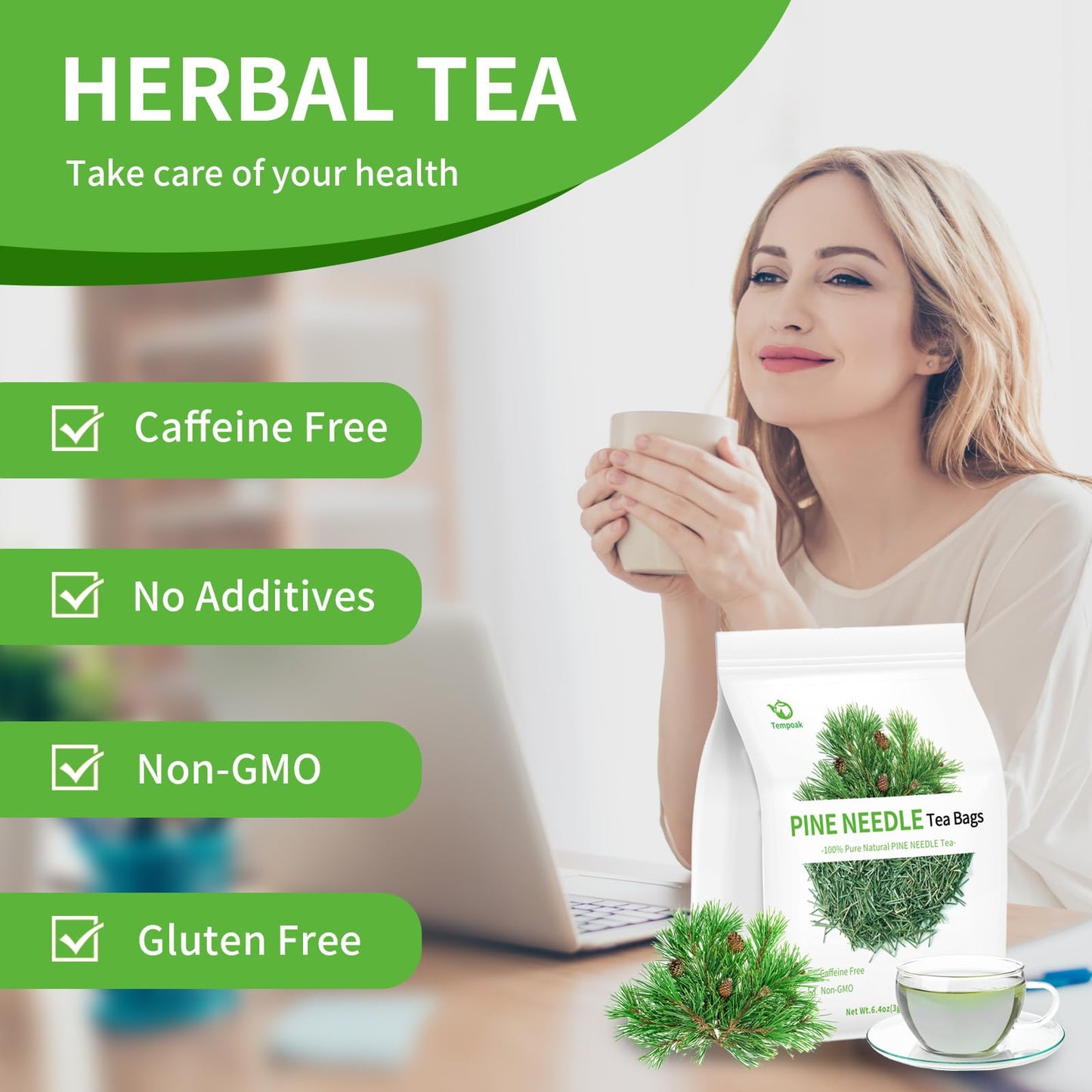 Tempoak Wild Pine Needle Tea Bags - 100% Pure Herbal Tea, Caffeine Free, Non-GMO, 60 Bags, 6.4 Oz