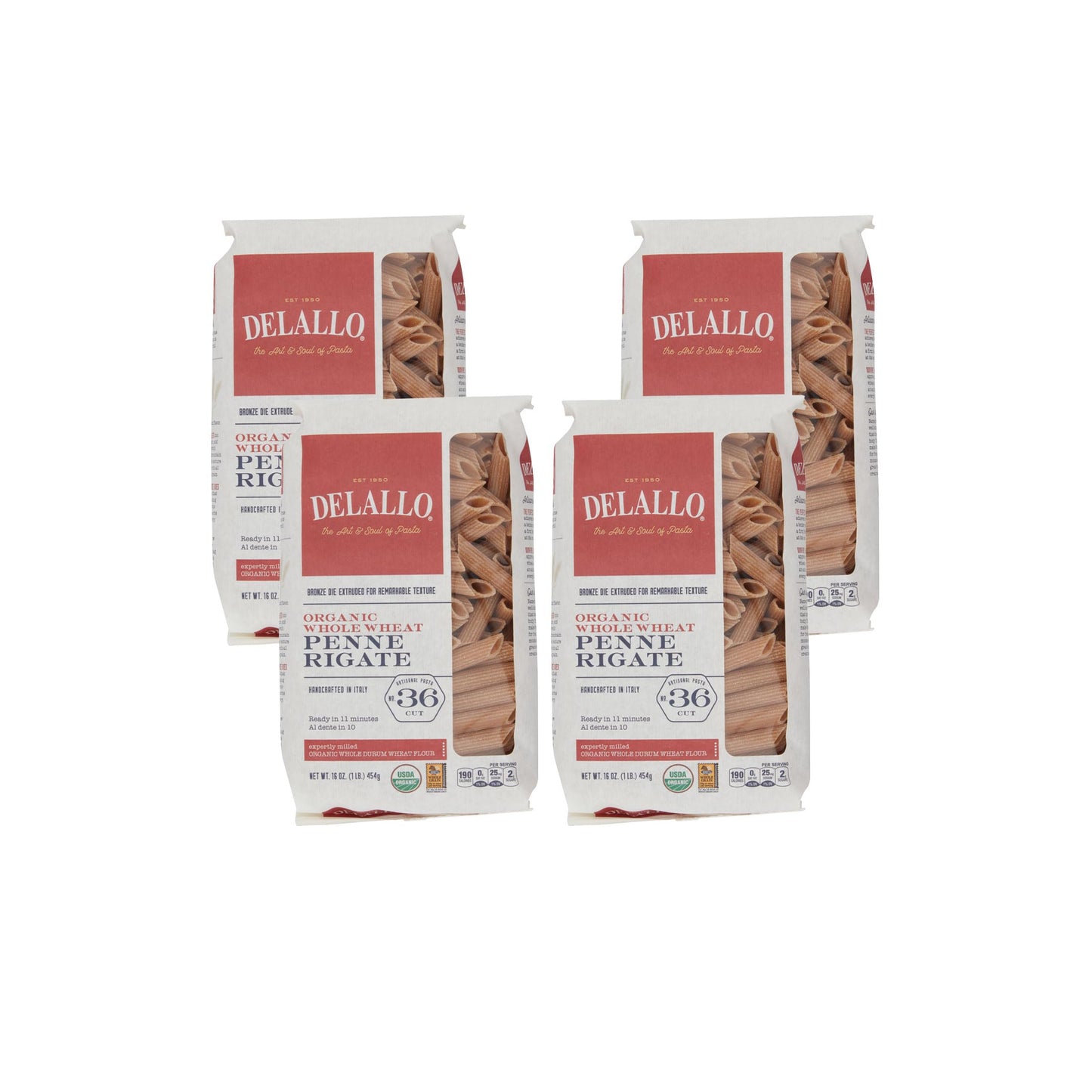 Delallo Whole Wheat Penne Pasta 1 Pound Bag (4 Pack) 100% Certified Organic Made In Italy Whole Grain Bronze Cut Made With Only Duflavor Blend Wheat Semolina Flour Kosher Vegan