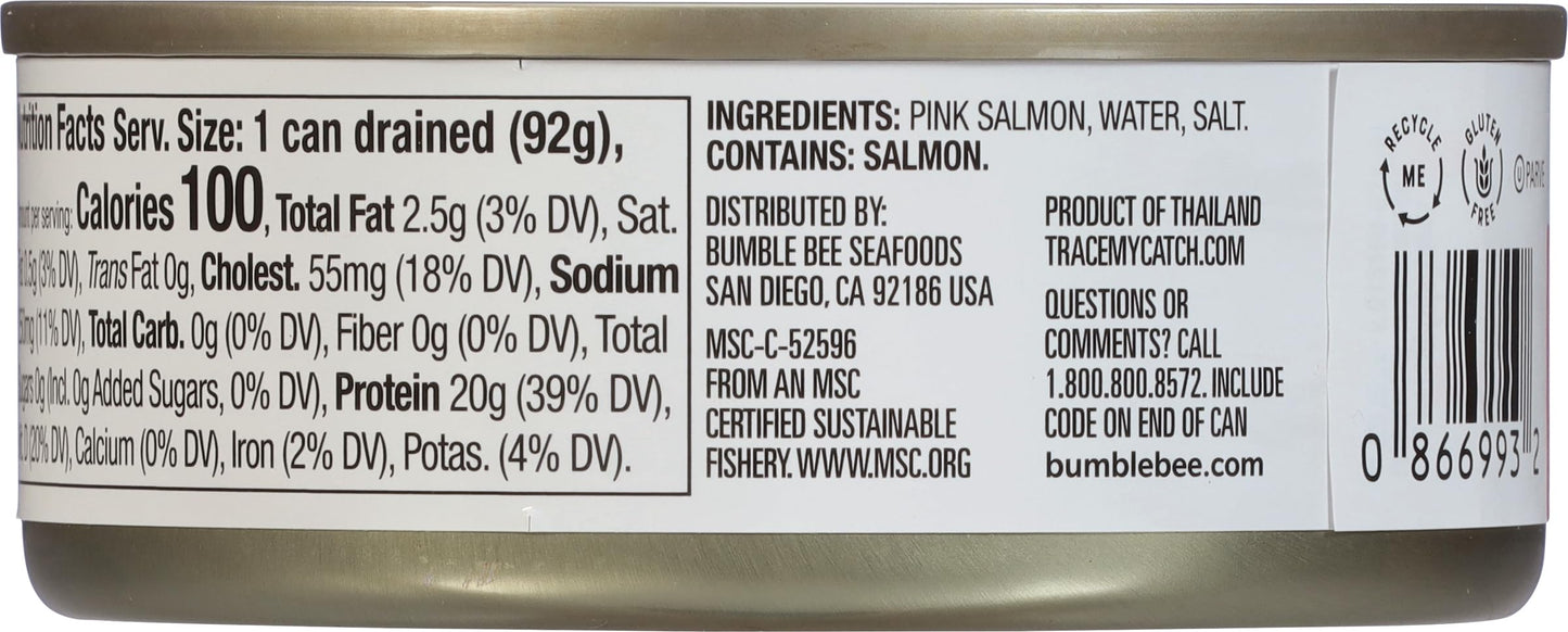 Bumble Bee Skinless & Boneless Canned Pink Salmon In Water, 5 Oz Can - Premium Wild Caught Salmon - 20G Protein Per Serving - Gluten Free, Kosher, Msc Certified