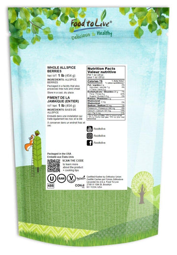 Food to Live Whole Allspice Berries, 1 Pound - Jamaican Pepper, Vegan, Kosher, Bulk. High in Fiber, Calcium. Great for Spicing,