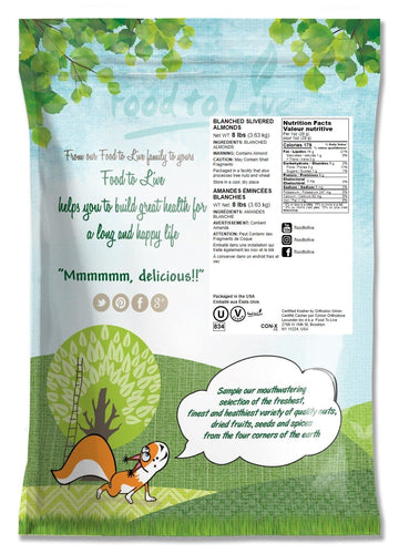 Food To Live - Blanched Slivered Almonds, 8 Pounds Chopped Raw Blanched Almonds, Unsalted, Vegan, Keto, Kosher, Bulk. High In Pr