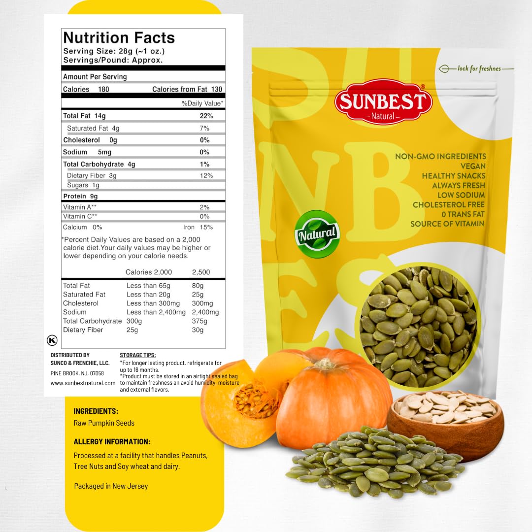 Sunbest Natural - Pumpkin Seeds Raw And Fresh, Pumpkin Seeds Unsalted, Whole Shelled Pumpkin Seeds, Kosher Seeds For Snacks, Pumpkin Seeds Bulk, Non-Gmo And Vegan Healthy Pumpkin Snacks, 3 Lbs.