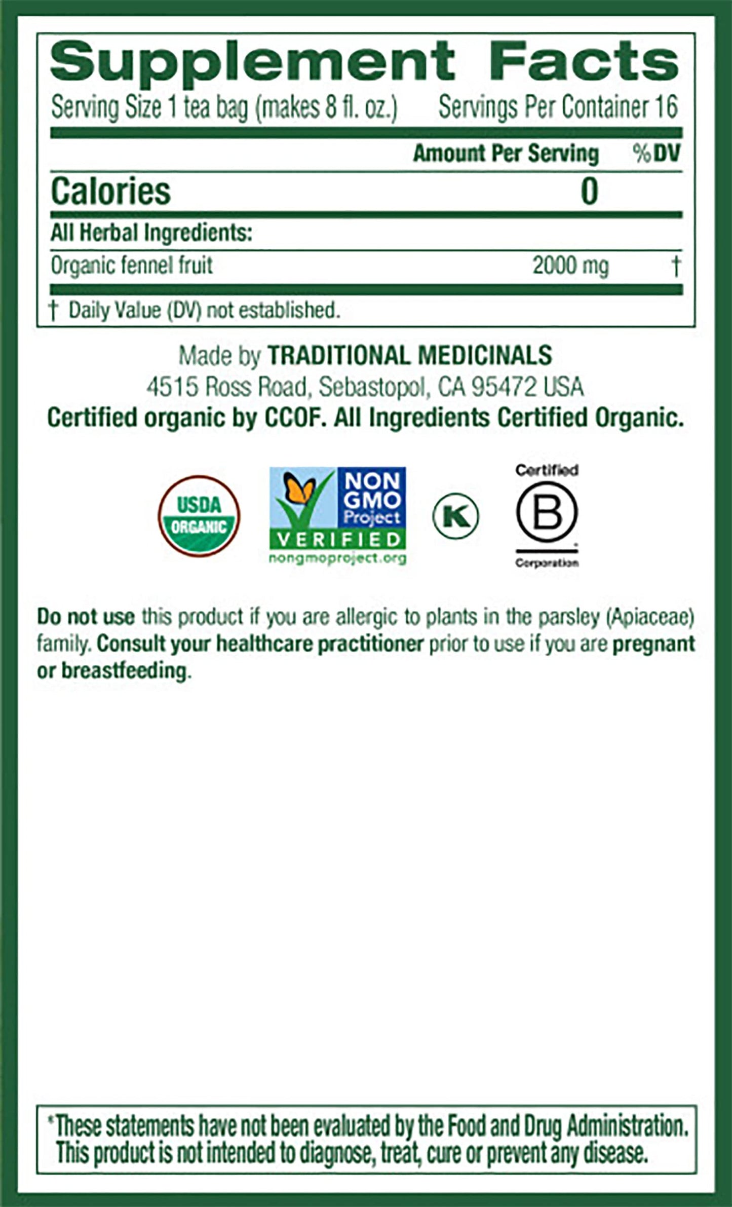 Traditional Medicinals Organic Fennel Herbal Tea, Promotes Digestive Health, (Pack Of 2) 32 Tea Bags Total