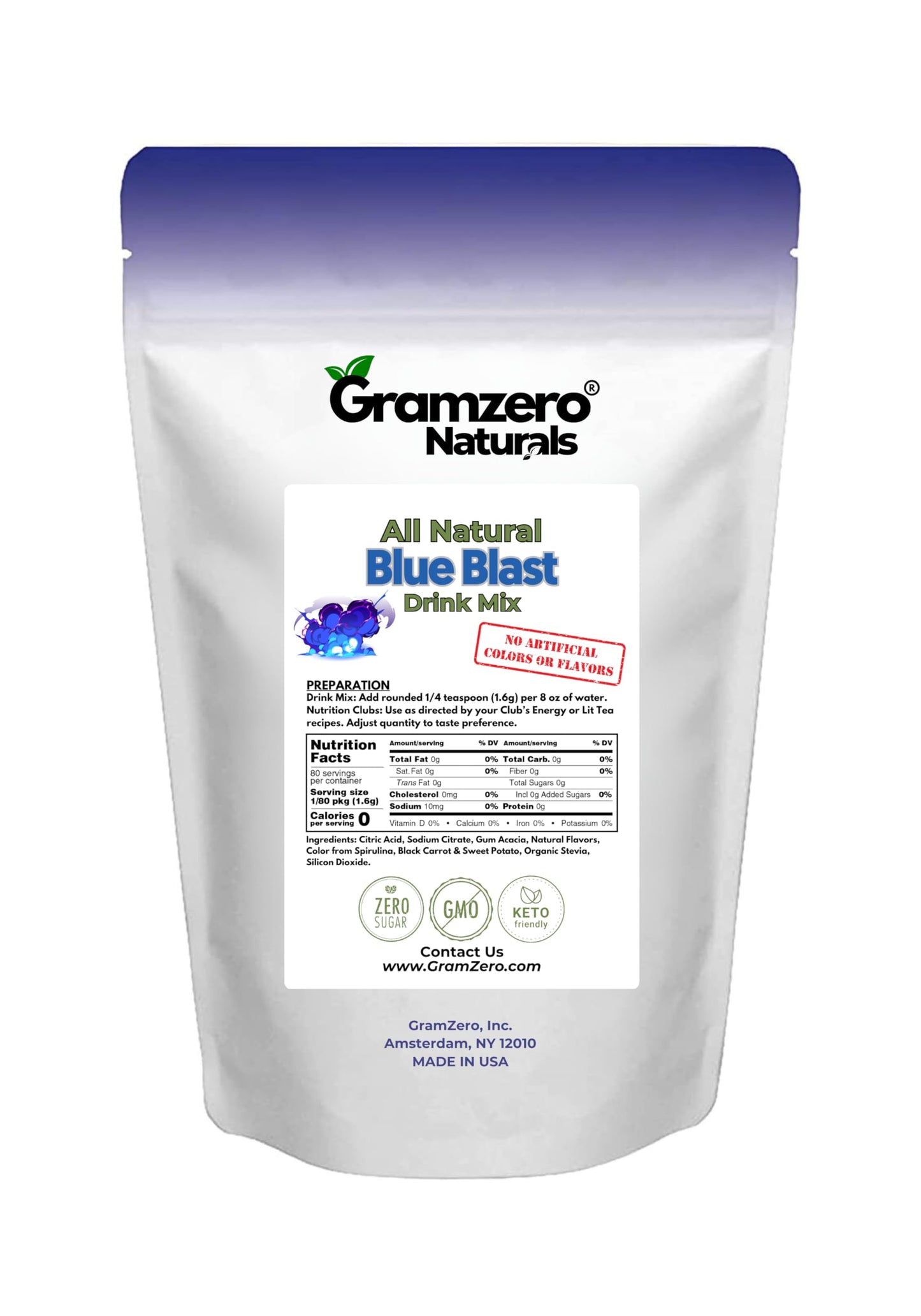 Gramzero All Natural Blue Blast Zero Calorie Sugar Free Drink Mix, Great For Nutrition Club Loaded Tea, Stevia Sweetened
