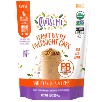 Oatsome PBfit Overnight Oats - Peanut Butter Flavor with Chia Seeds, Flax Seeds and Hemp Seeds - Gluten Free Oatmeal with 11g of