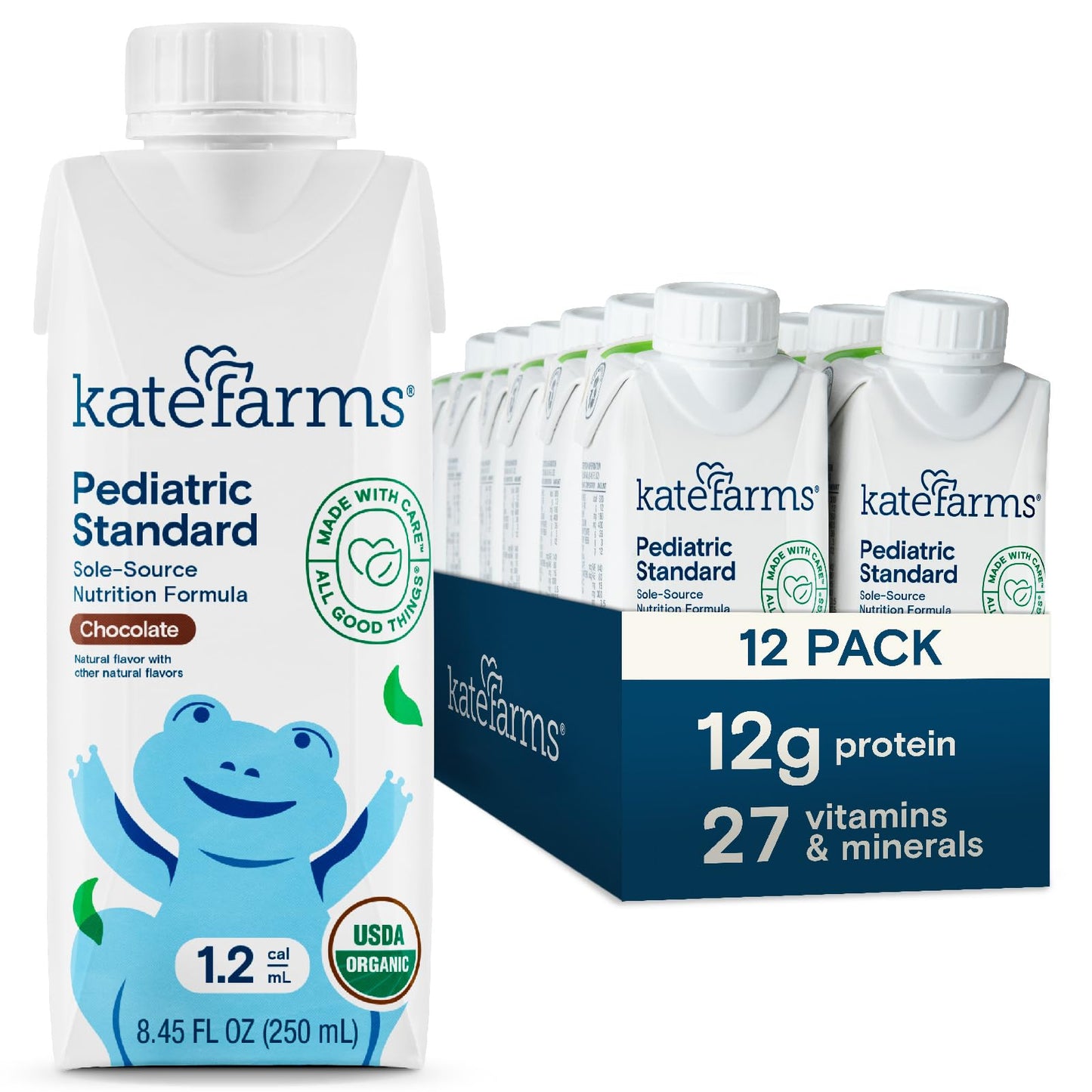 Kate Farms Organic Pediatric 1.2 High Calorie Chocolate Nutrition Shake, 12G Protein, 27 Vitamins And Minerals, Meal Replacement, 8.45 Oz (12 Pack)
