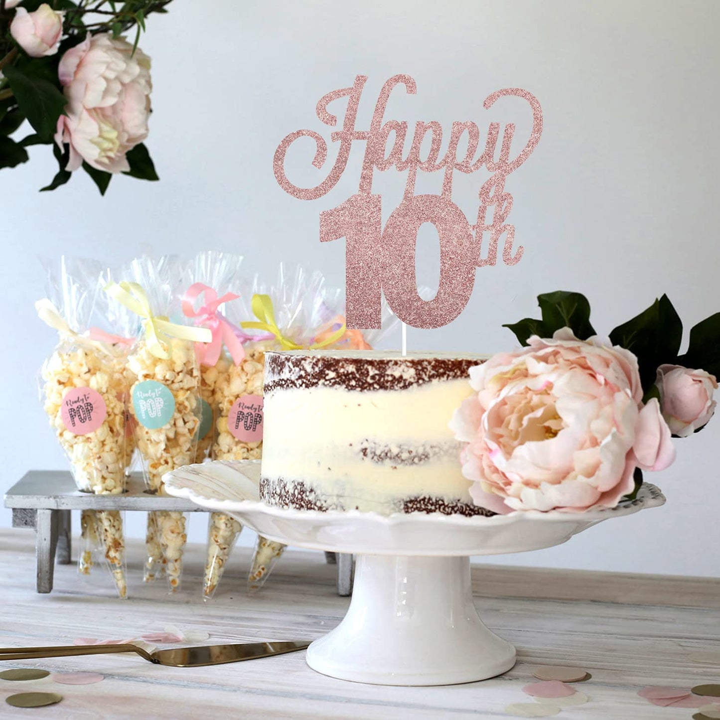 Lingteer Happy 10Th Birthday Rose Gold Cake Topper - Cheers To 10Th Birthday Ten Years Old Birthday Party Cake Decorations Sign.