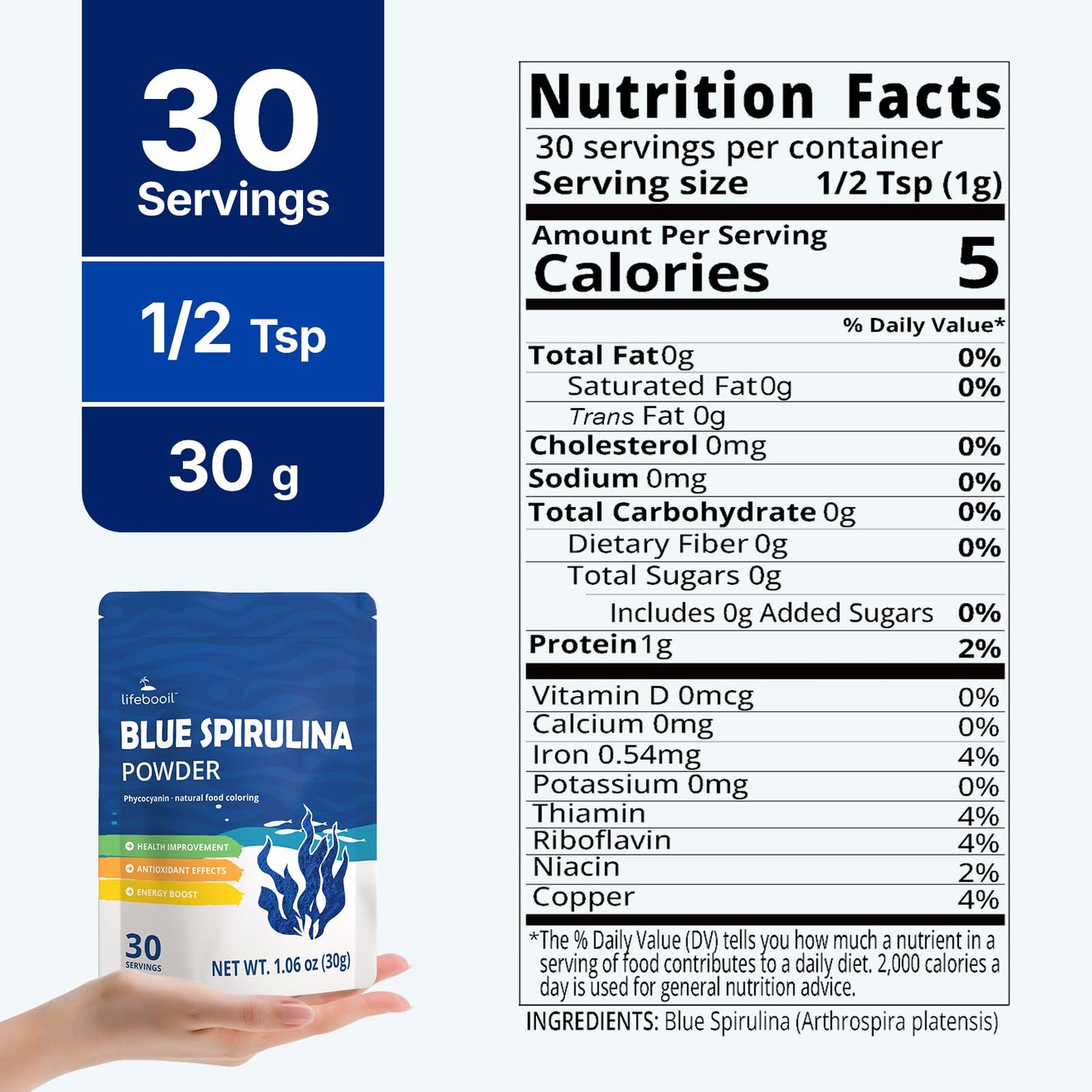 Lifebooil Blue Spirulina Powder - 100% Natural Vegan Food Coloring, 30g