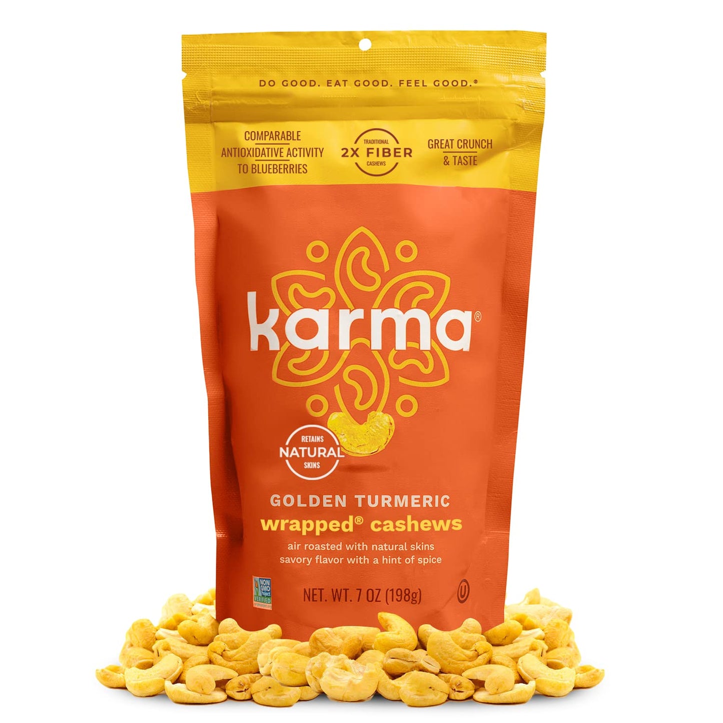 Golden Turmeric Wrapped Whole Cashews by Karma Nuts, Air Roasted with Natural Skins, 2X more Fiber, Whole 30, Peanut-Free Facili