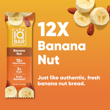 IQBAR Brain and Body Plant Protein Bars - Banana Nut - 12-Count Low Carb - Gluten Free, High Fiber, Vegan Snacks - Low Sugar Mea
