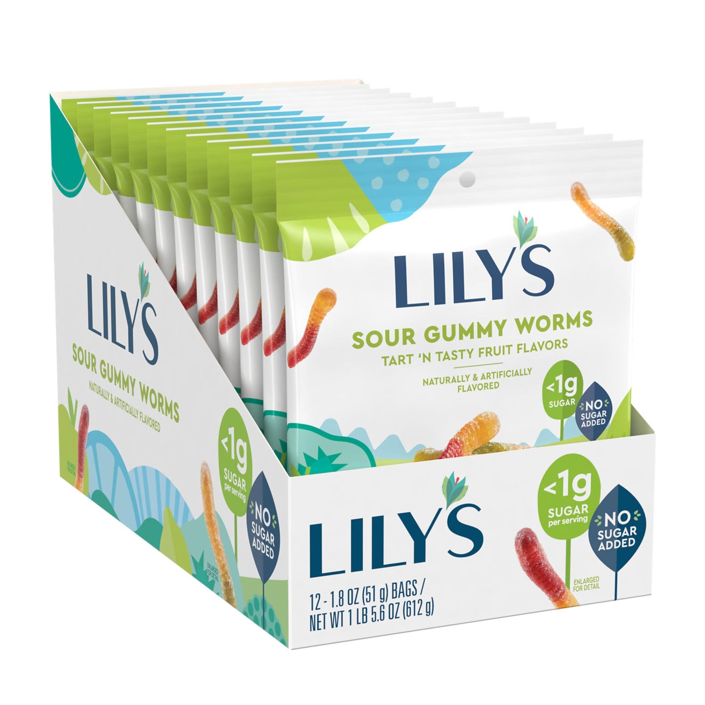 Lily'S Assorted Fruit Flavored No Sugar Added, Sour Gummy Worms Bags, 1.8 Oz (12 Count)