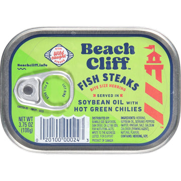 Beach Cliff Wild Caught Fish Steaks In Soybean Oil With Green Chilies, 3.75 Oz Can - 16G Protein Per Serving - Gluten Free, Keto