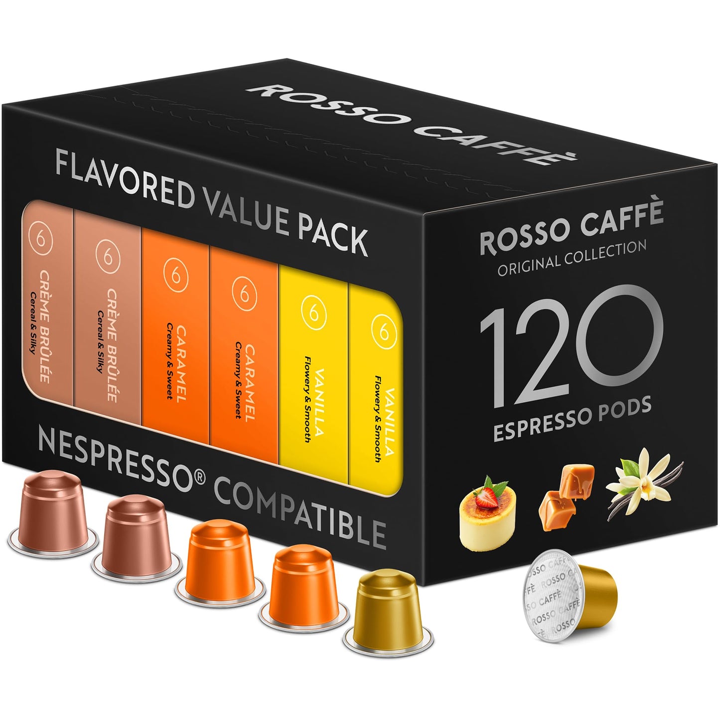Rosso Caff 120 Espresso Coffee Pods For Nespresso Oriflavor Blendal Machines - Value Pack Of Top-Grade Flavored Units 3 Rich And Balanced Desert Coffees (Vanilla Crme Brulee Caramel)