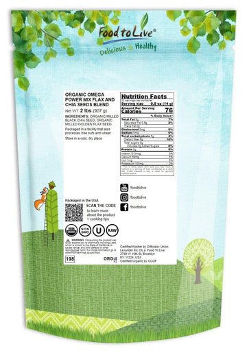 Food To Live Organic Omega Power Flax And Chia Seeds Blend, 2 Pounds Cold-Milled From Whole Seeds, Non-Gmo, Vegan, Kosher, Bulk.