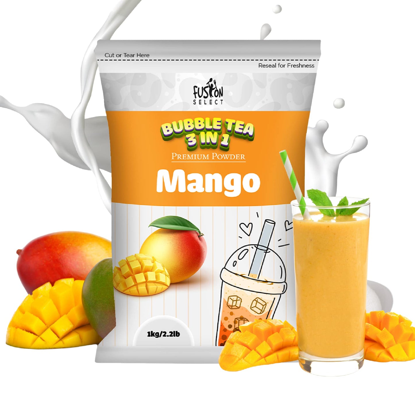Fusion Select 2.2lb Tea Powder Mango Flavored-3-in-1 Drink Powder with Cream & Sugar - Instant Pre-Mixed Beverage for Hot or Col