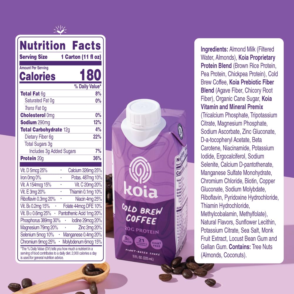 Koia Plant Based Protein Shake, Cold Brew Coffee, 20g Protein, 3g Sugar, 11 Fl Oz, Pack of 12, Dairy-Free, Gluten-Free, Non-GMO
