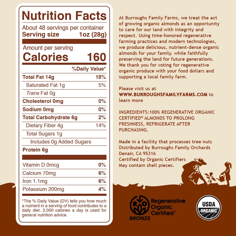 Burroughs Family Farms Organic Raw Almonds, 3 lb - Gluten-Free, Non-GMO, Vegan, Keto-Friendly, High Protein Nuts for Almond Milk