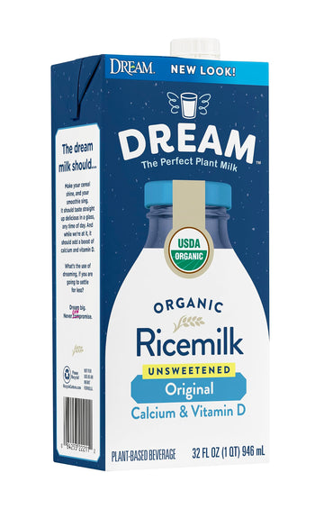 Rice Dream Organic Rice Milk Drink, Unsweetened Original, Vegan Dairy Alternative, Lactose Free, Shelf Stable, 32oz (Pack of 12)
