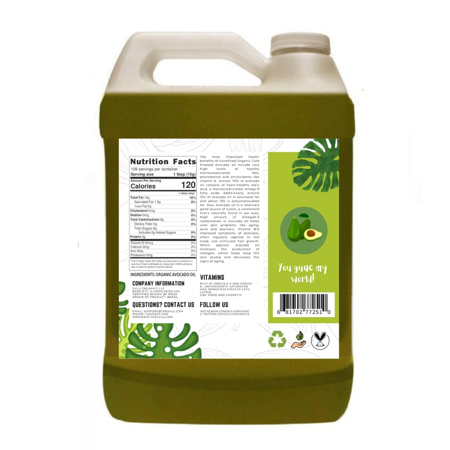 Usda Certified Organic Cold Pressed Unrefined Raw Avocado Oil - 1 Gallon/128 Fl.Oz