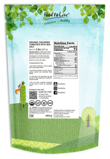 Food To Live - Organic Sun-Dried Tomatoes With Sea Salt, 2 Pounds - Salted, Non-Gmo, Kosher, Raw, Vegan, Unsulfured, Bulk
