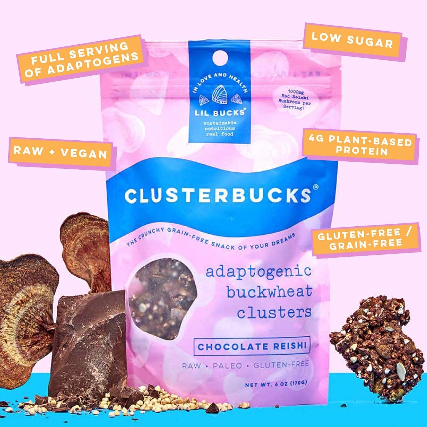 Lil Bucks Clusterbucks Grain-Free Superfood Clusters Made With Sprouted Buckwheat And Adaptogens, Gluten Free Snack (Chocolate S