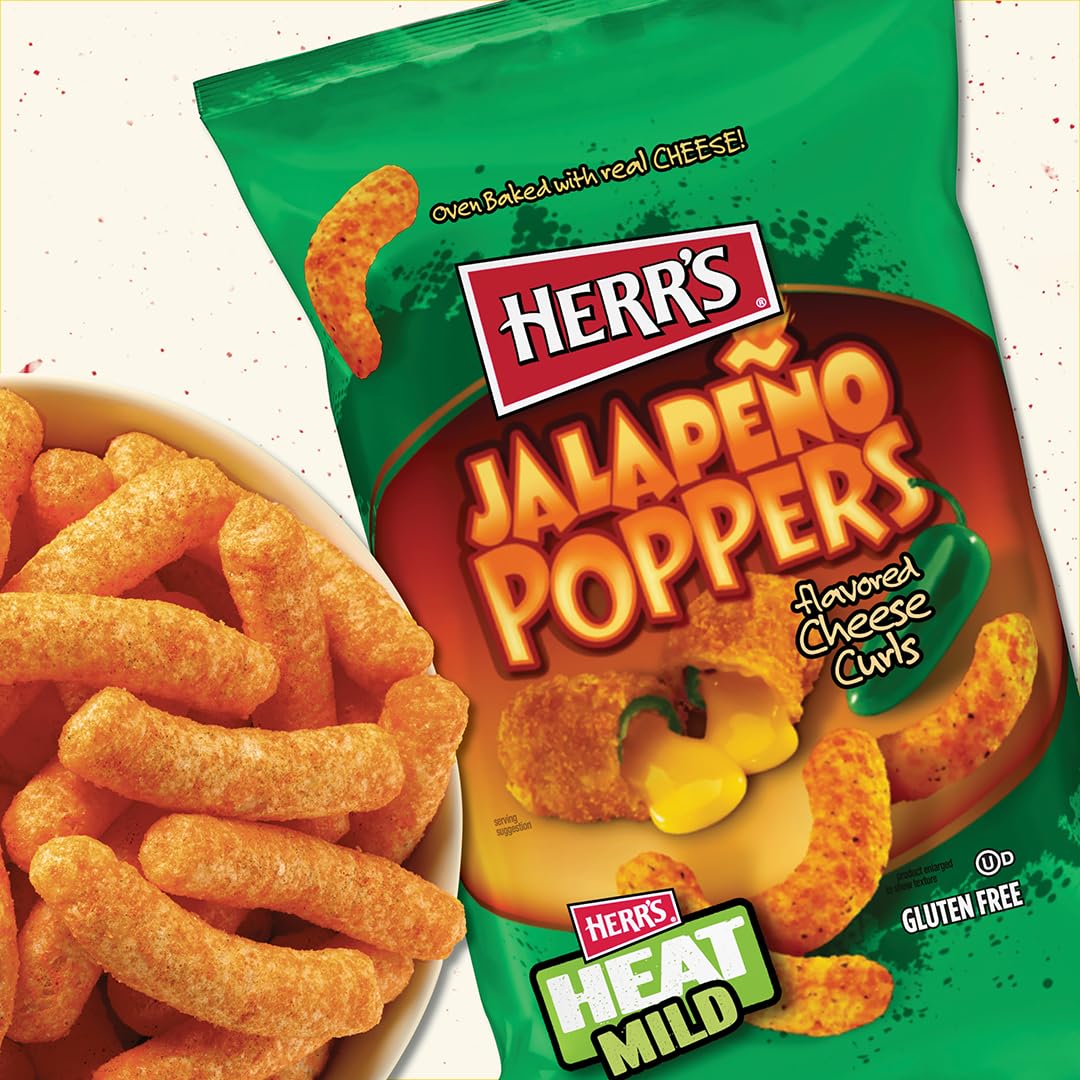 Herrs Jalapeo Poppers Flavored Cheese Curls - Made with Cheddar Cheese - Great for Bold Flavor Fans - 1.23 Ounce (Pack of 24)