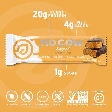 No Cow High Protein Bars, Chocolate Peanut Butter Cup - Healthy Snacks, 20g Vegan Protein, High Fiber, Low Sugar, Keto Friendly,