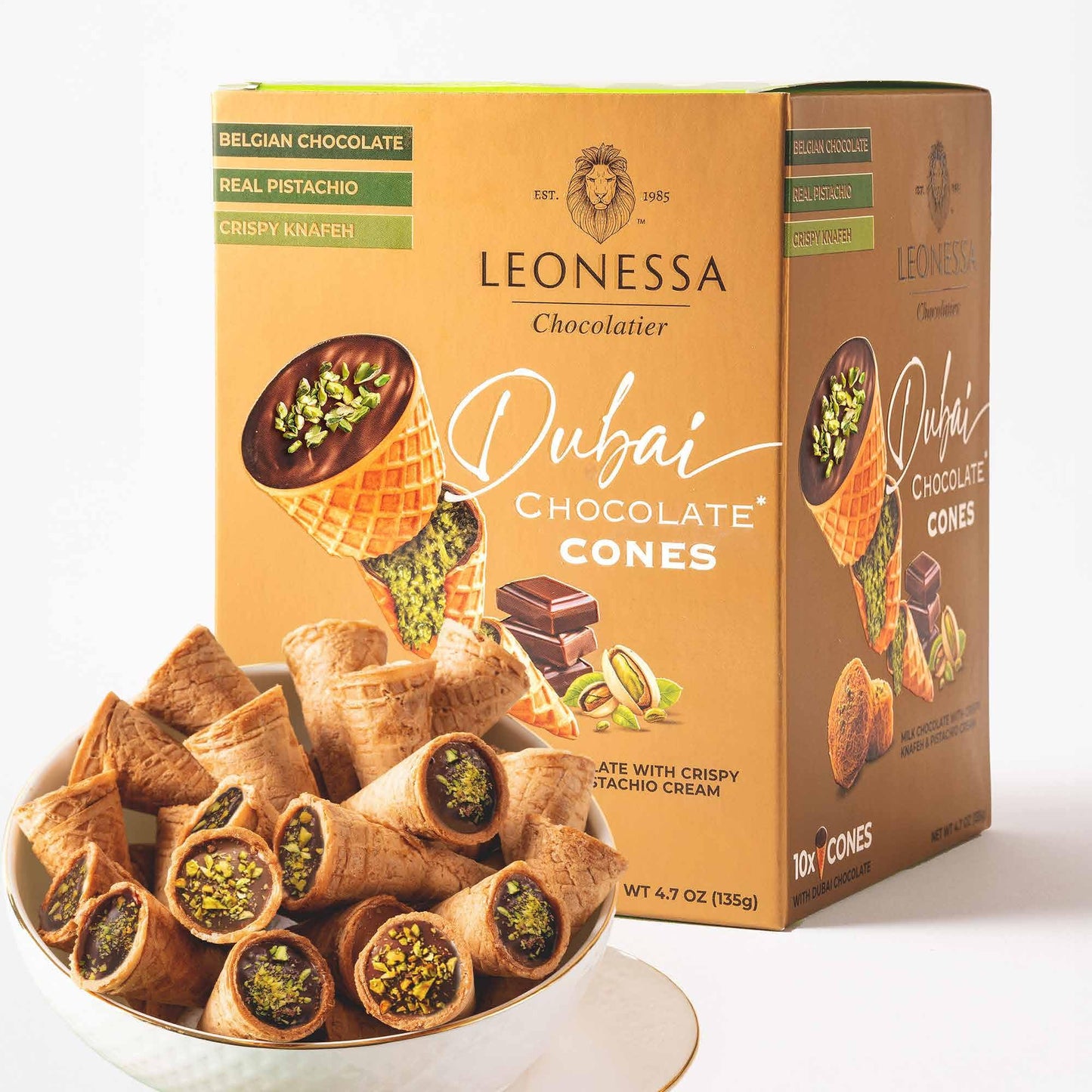 Leonessa Dubai Chocolate Cones with Pistachio Kunafa | Made with enhanced Belgian Chocolates | Kunafa Chocolate | Chocolates de Dubai - 4.7 oz