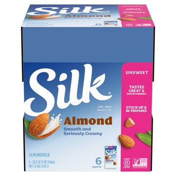 Silk Shelf-Stable Almond Milk, Unsweetened, Dairy-Free, Vegan, Non-GMO Project Verified, 1 Quart (Pack of 6)