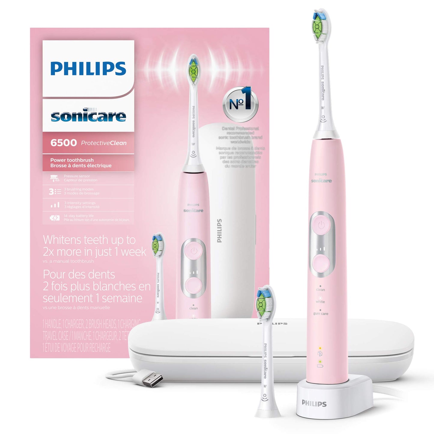Philips Sonicare Protectiveclean 6500 Rechargeable Electric Power Toothbrush With Charging Travel Case And Extra Brush Head, Pin