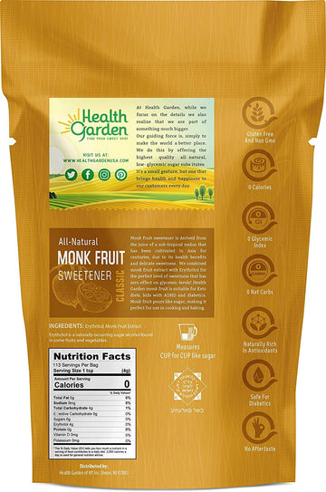 Health Garden Monk Fruit Sweetener, Classic - Non GMO - Gluten Free - Sugar Substitute - Kosher - Keto Friendly (1 lb)