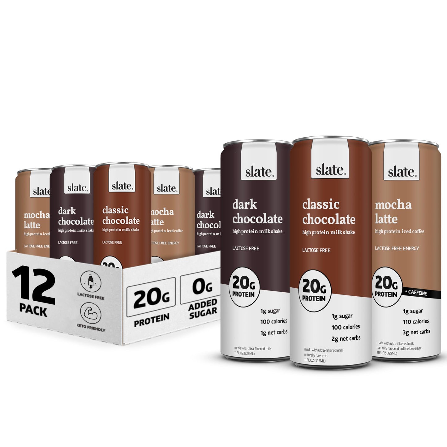 Slate High Protein Shake Variety Pack, Classic Chocolate, Dark Chocolate, Mocha Latte, 20g Protein, 11 oz (Pack of 12)