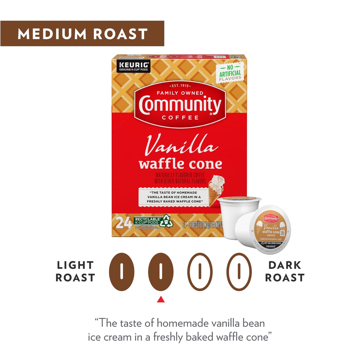 Community Coffee Vanilla Waffle Cone Coffee Pods, Ice Cream Flavored, Compatible with Keurig, 96 Count (24 Count Pack of 4)