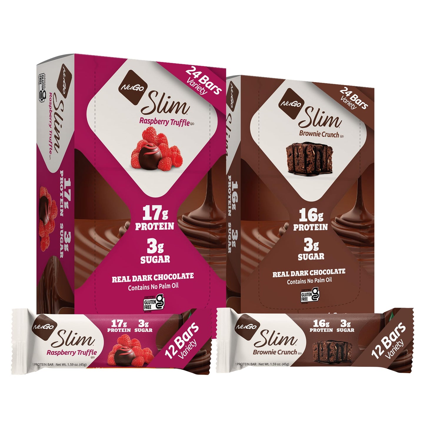 NuGo Slim Variety - Brownie Crunch 12 Bars & Raspberry Truffle 12 Bars, Low Net Carb, Keto Friendly, Gluten Free, 24 Count