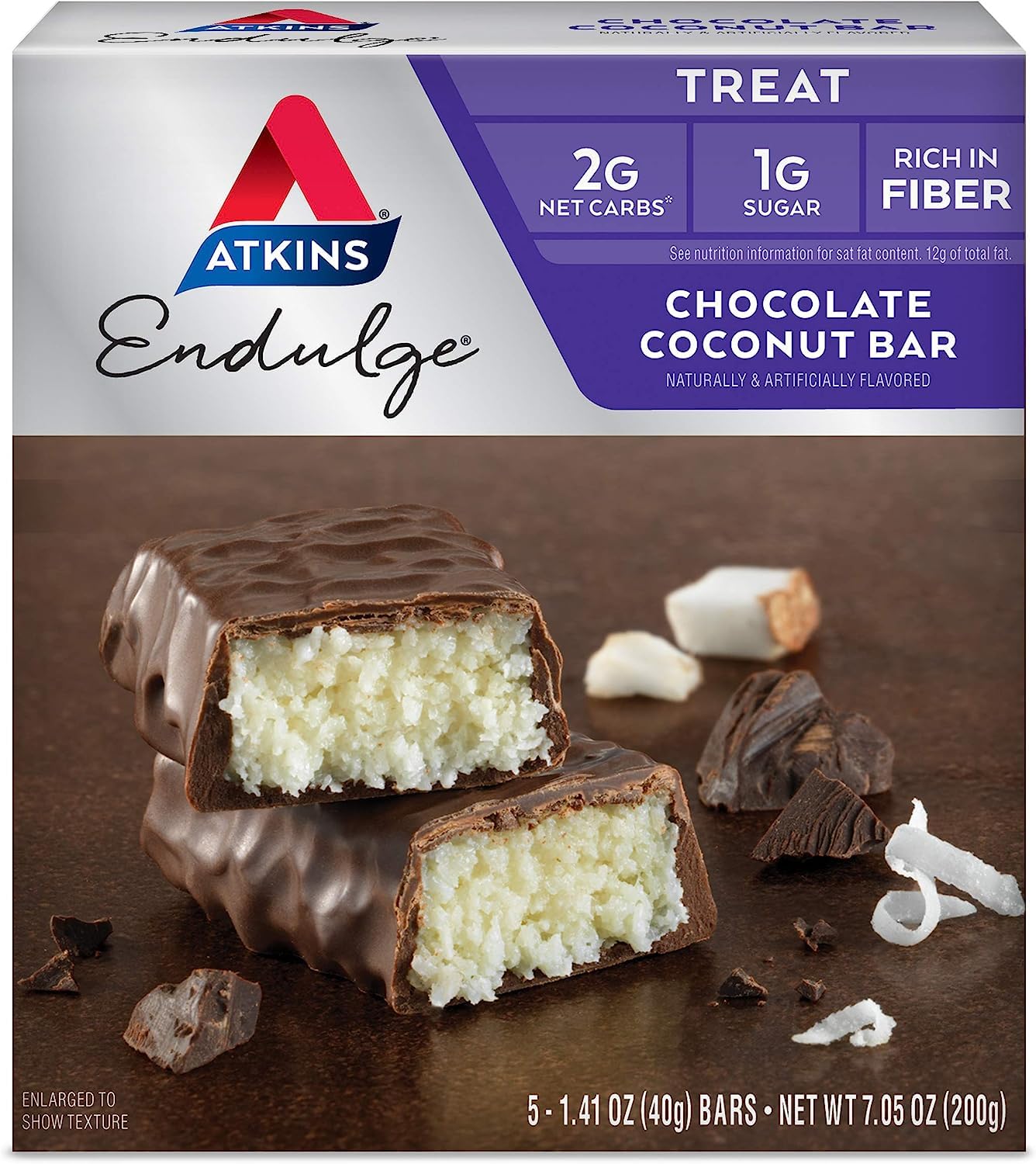 Atkins Endulge Chocolate Coconut Bar, Dessert Favorite, High in Fiber, 1g Sugar, 5 Count