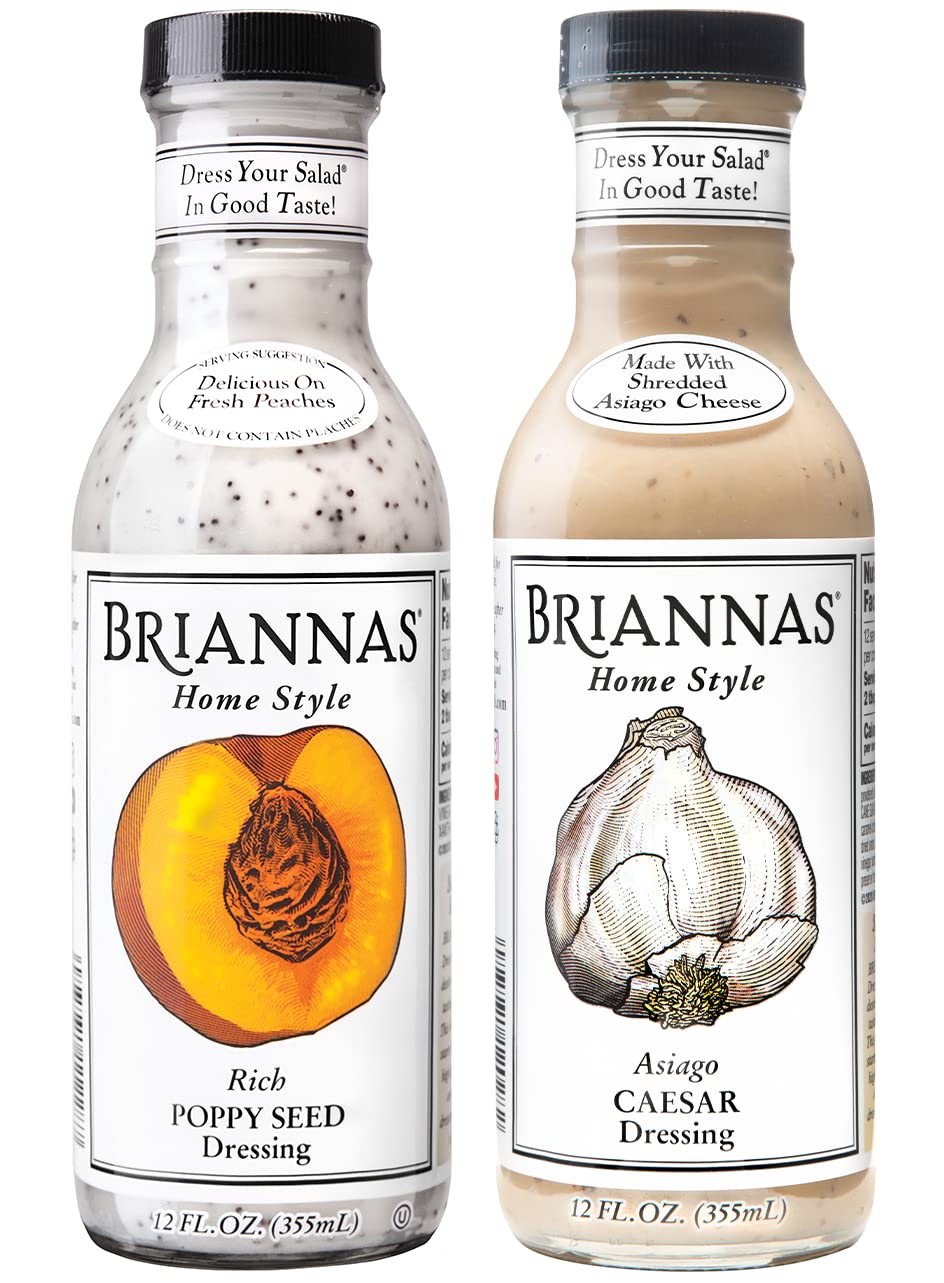 BRIANNAS Home Style Asiago Caesar & Poppy Seed Dressing Combo Pack, 12 Fl Oz Bottles, Gluten Free, 2 Pack