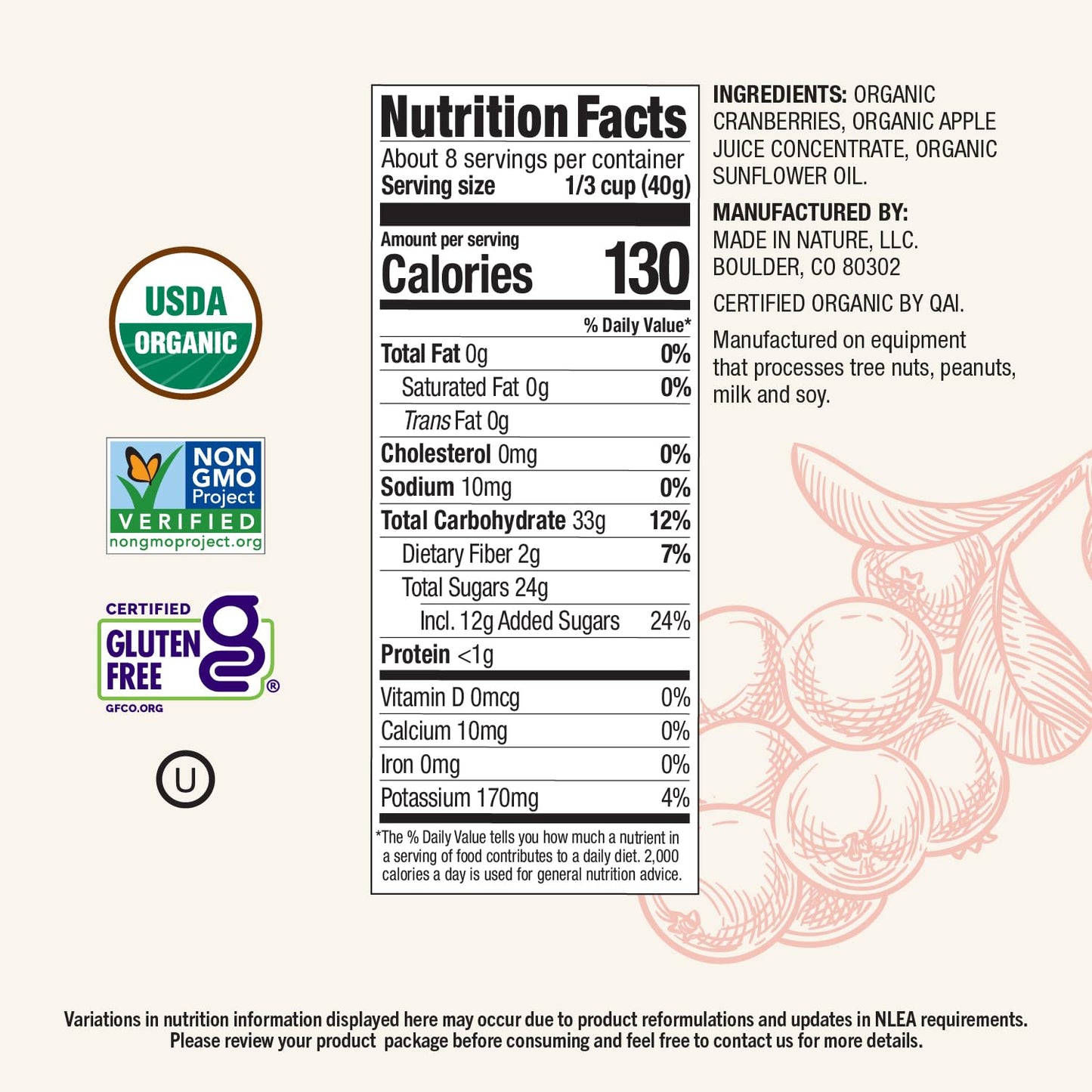 Made In Nature Organic Dried Cranberries, 12 Ounce (Pack Of 1) – Sweetened With Apple Juice, Non-Gmo, Unsulfured, Gluten Free