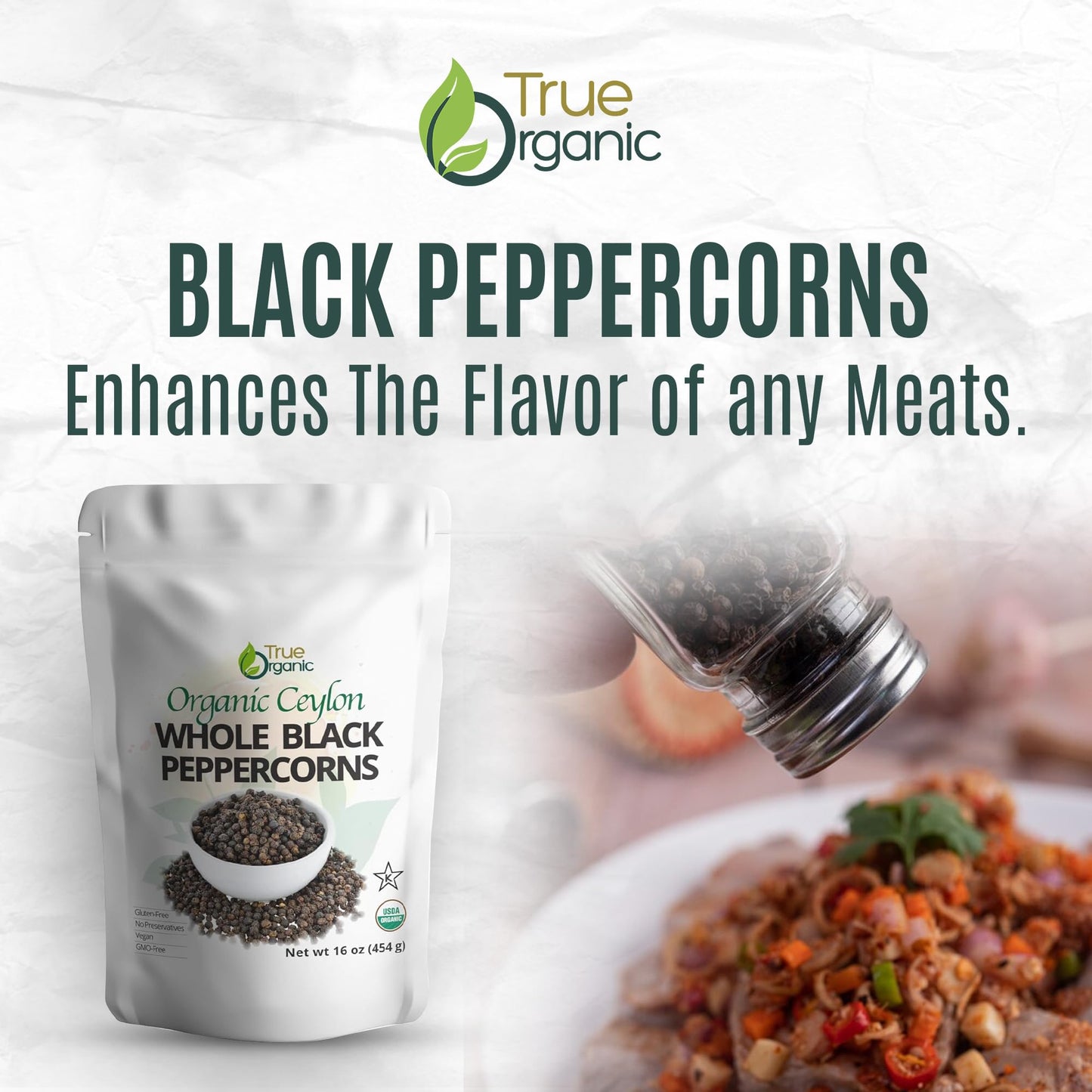 True Organic Ceylon Black Peppercorns Whole, USDA & Kosher Certified, Gluten-Free, 16 Oz, Non-GMO, Perfect for Grinder Refill