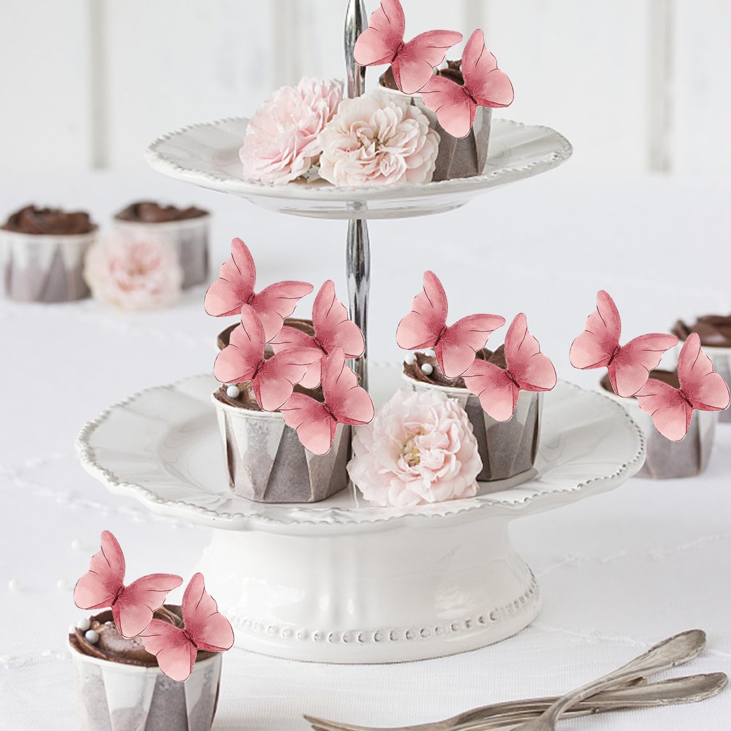 Rssta i 48 Pack Edible Butterflies for Cake Decorating, Pink Paper Cupcake Toppers