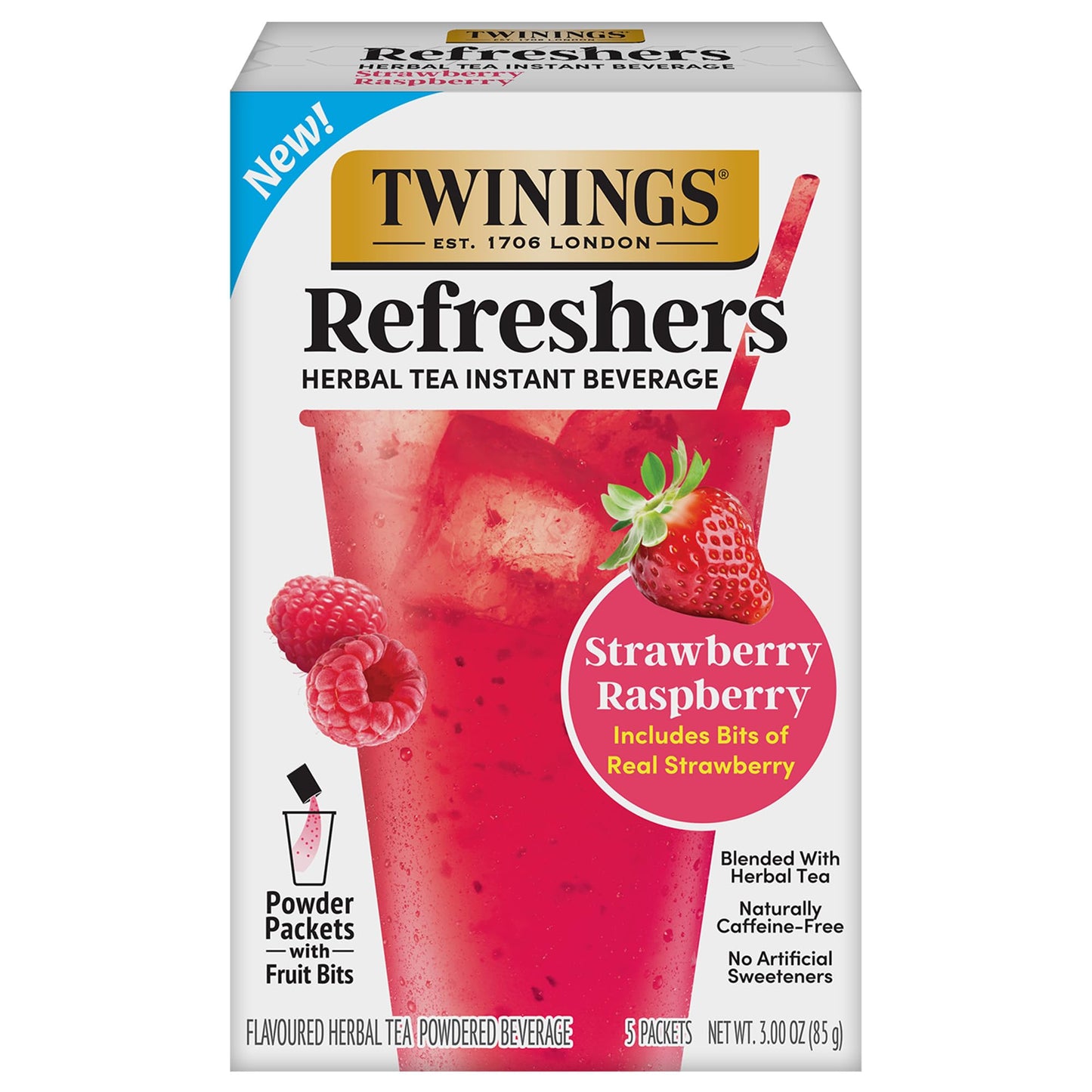 New Twinings Strawberry Raspberry Refreshers Herbal Tea Instant Beverage With Real Strawberry Fruit Bits 5 Count (Pack Of 1) Caf? Style No Artificial Sweeteners Naturally Energy Blend-Free 5 Packets