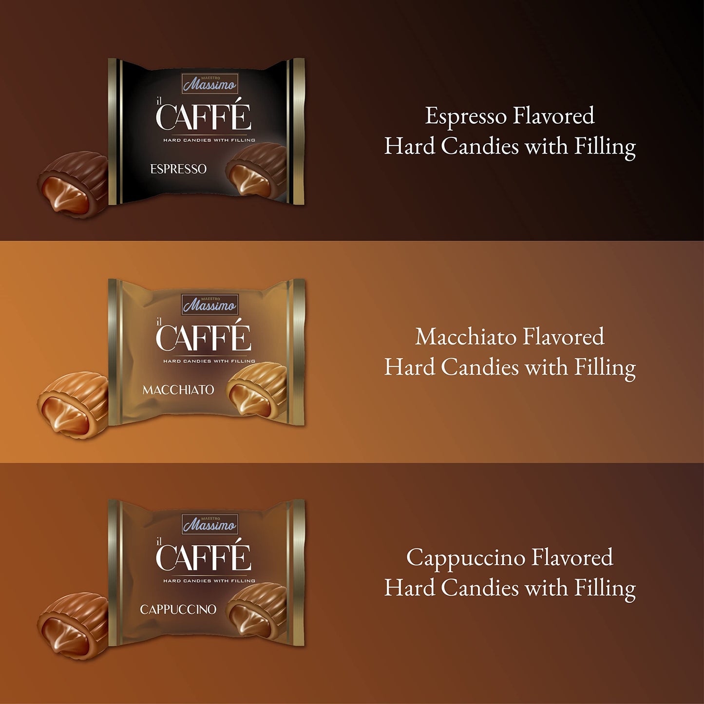 MAESTRO MASSIMO Coffee Candy, Center Filling, 3mg Caffeine, Macchiato, Espresso, Cappuccino Flavors, 7.05 oz Bag, Individually Wrapped