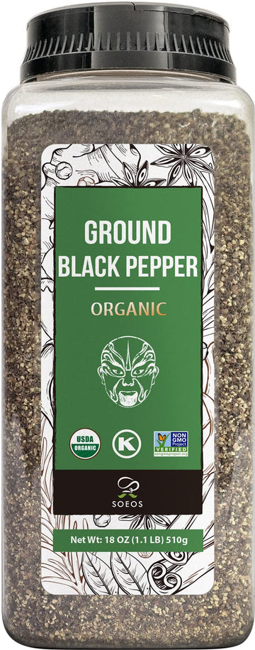 Soeos Ground Black Pepper, Non-Gmo, Freshly Peppercorn Powder Bulk, Packed To Keep Peppers Fresh, Ready To Use Peppercorns For Refill, 18 Oz (510G), Organic