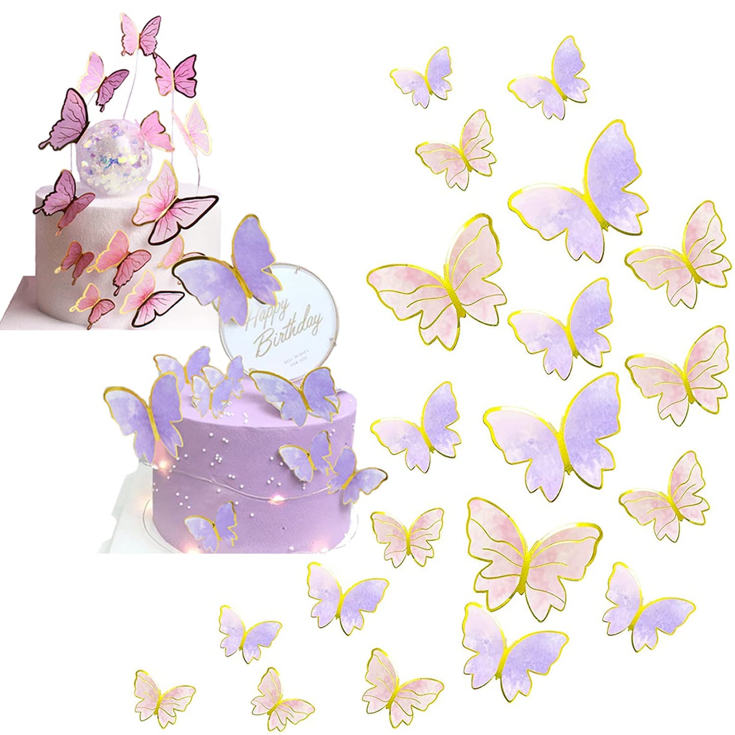20Pcs Gold Pink Purple Butterfly Cupcake Toppers - Handmade Cake Decorations For Girls Baby Shower Wedding Birthday Party Decor - Mixed Size