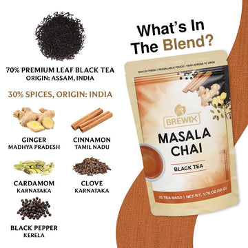 Brewix, Masala Chai Tea Bags (25 Pyramid Tea Bags) Strong, Robust & Spicy - Pure Ingredients | Black Tea, Cinnamon, Ginger, Blac