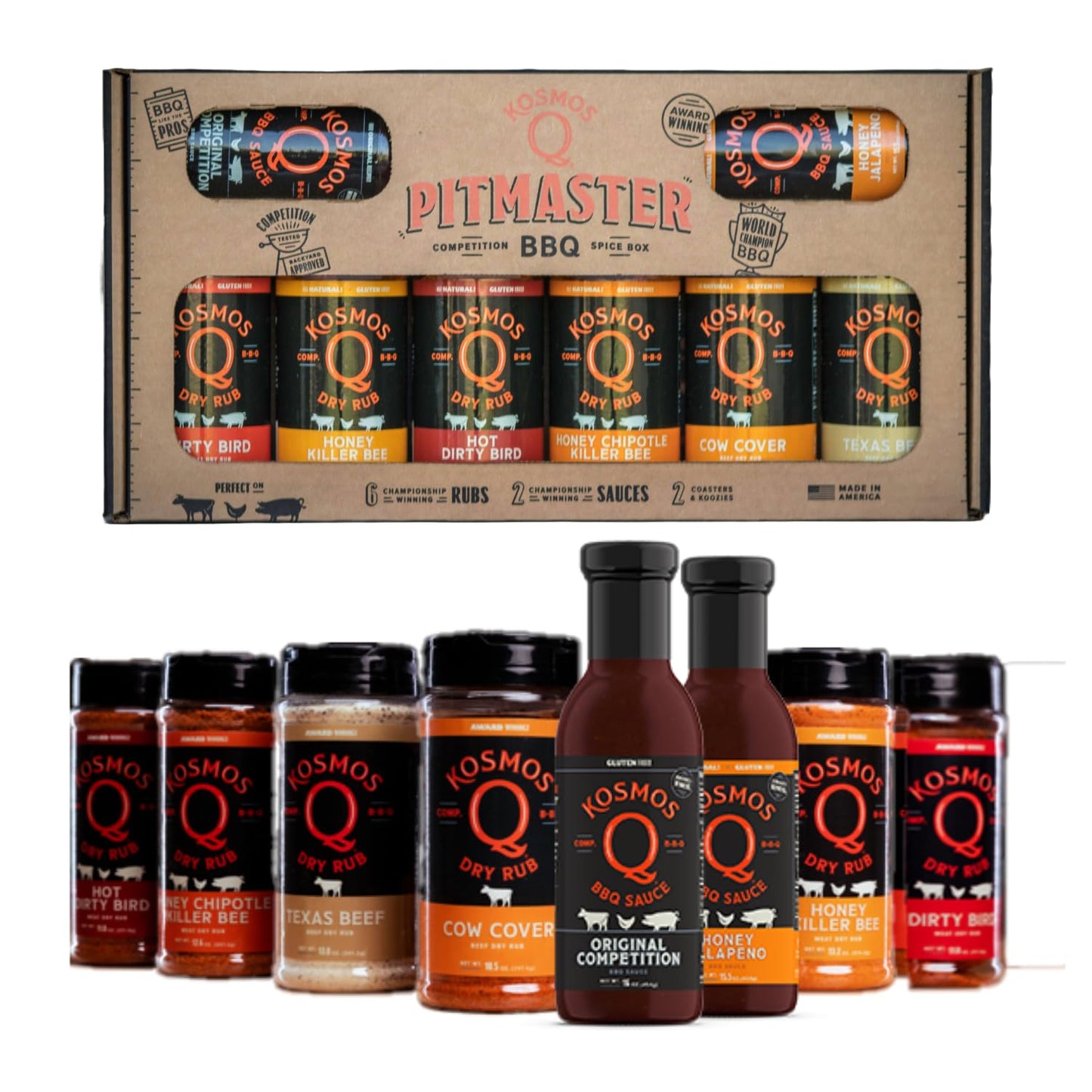Kosmos Q Pitmaster BBQ Sauce Gift Set - BBQ Sauce & BBQ Spices Sampler Set - 8-Piece Grill Seasoning Set w/Barbecue Sauce & Meat